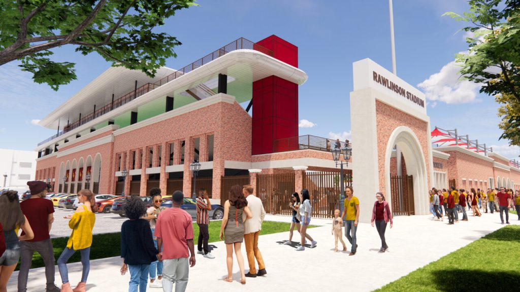 Rendering of Rawlinson Stadium, view of exterior of the stadium and a fan walkway.