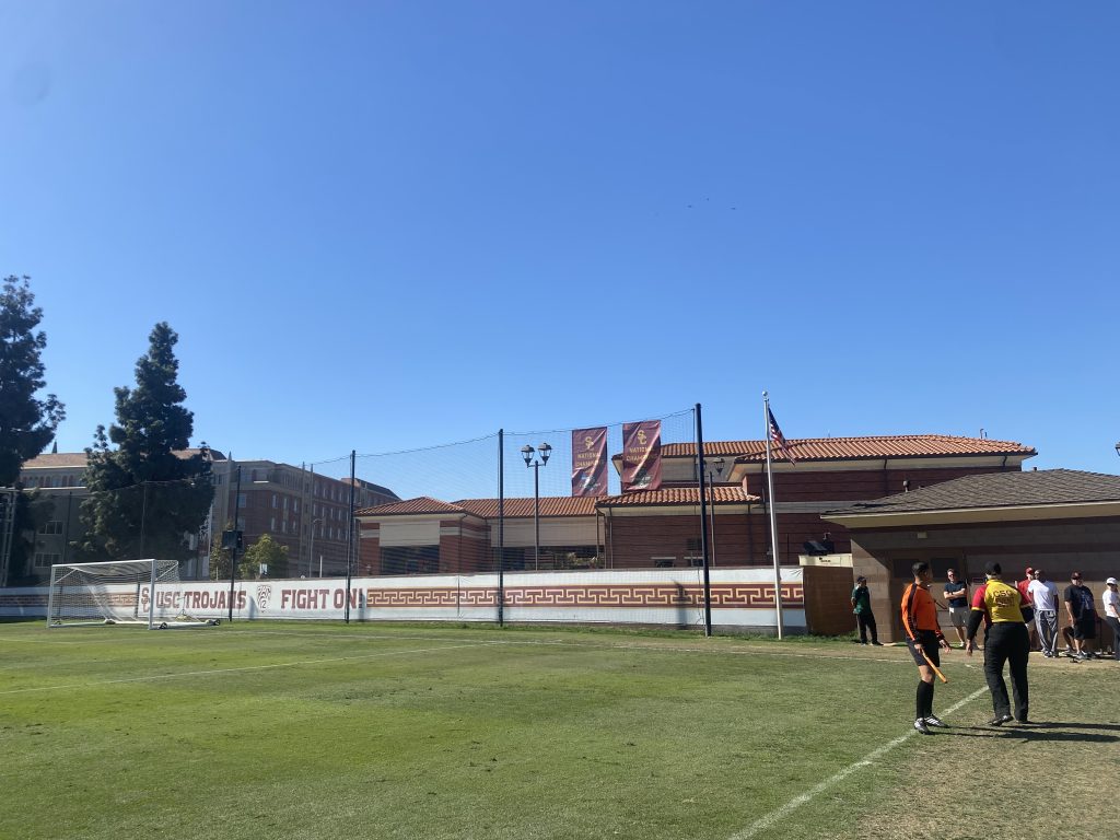 View of the fire station to the west of Soni McAlister Field and the west goal on the field.