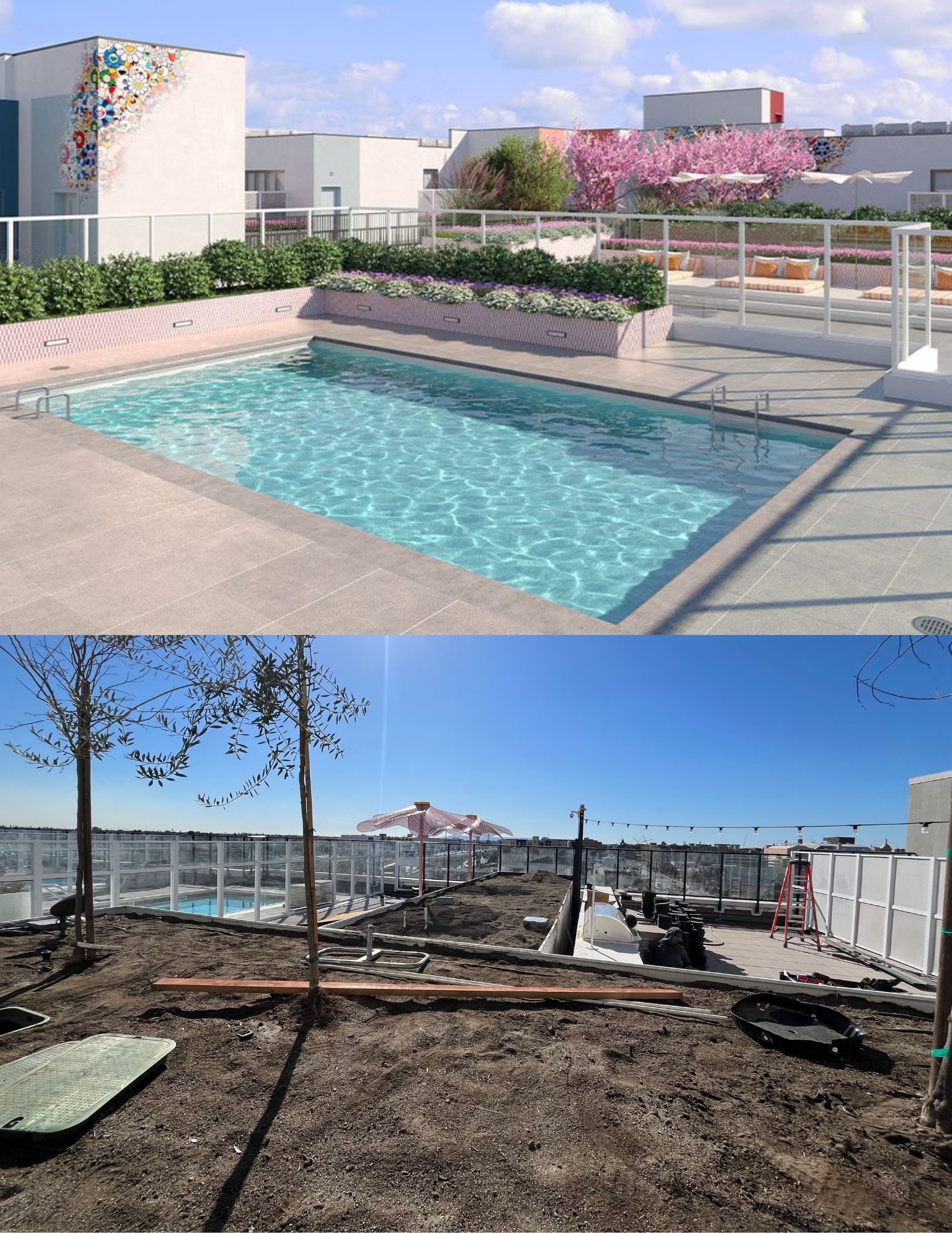 Two photos of the pool area at the Hub, one from the building's website and one taken in person that shows active construction.