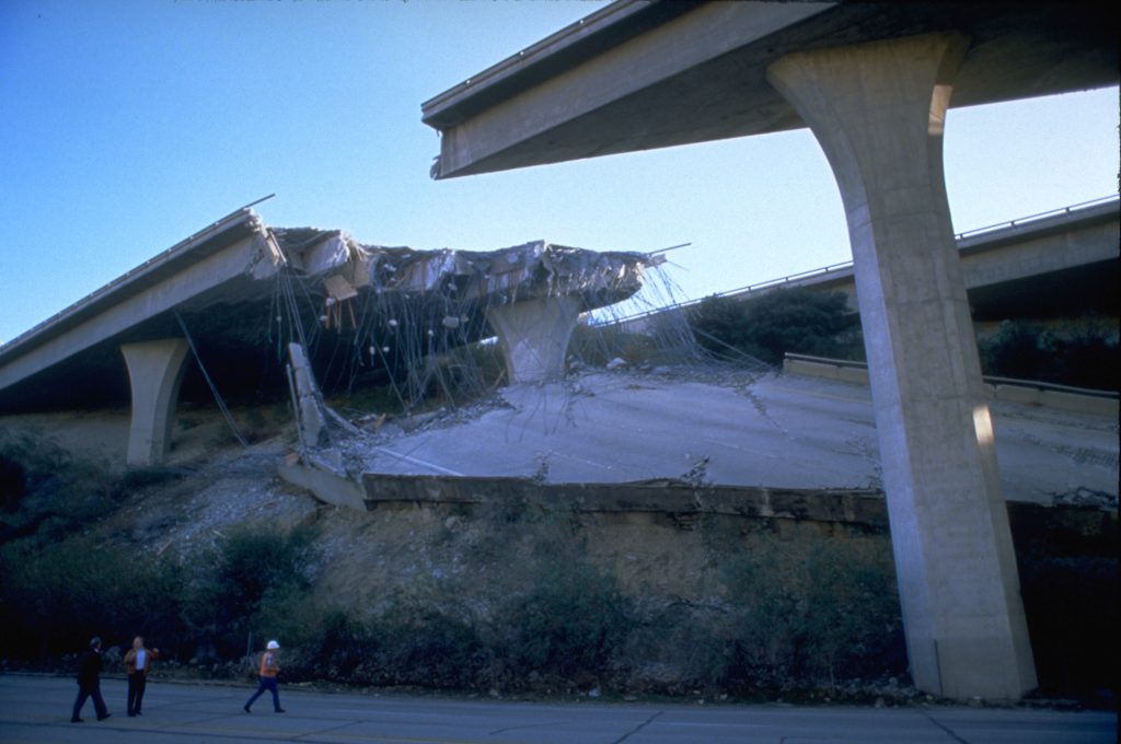 A collapsed freeway immediately after the Northridge Earthquake.