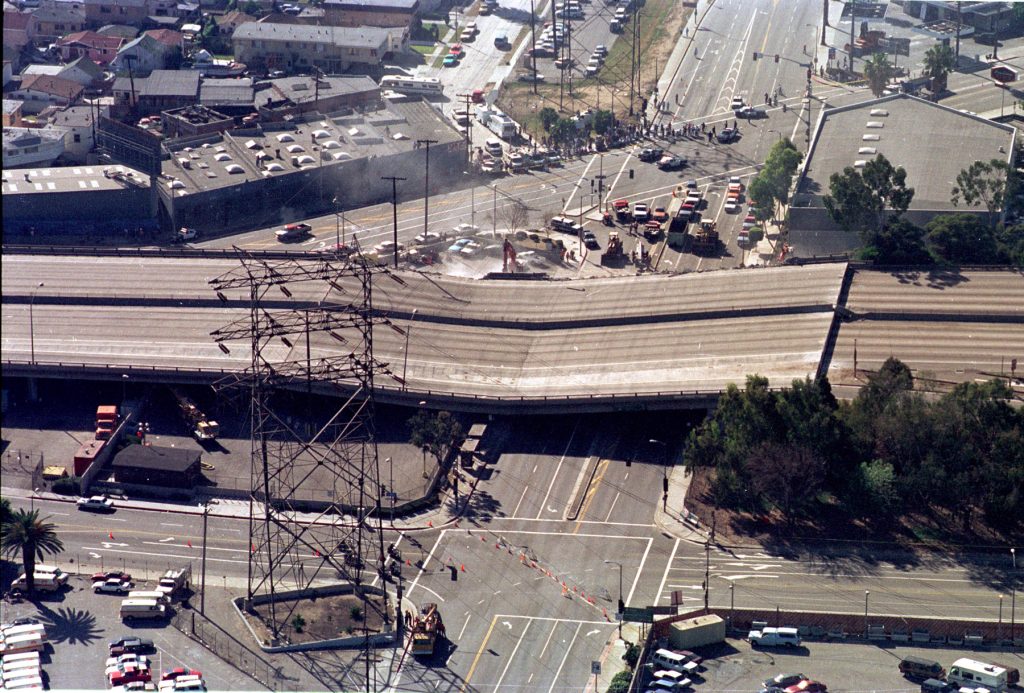 Aerial view of a section of the Santa Monica Freeway at Fairfax Avenue that collapsed immediately after the Northridge Earthquake.