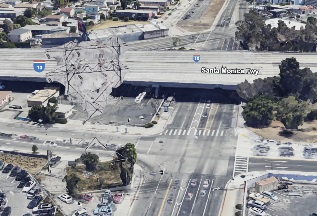 Screenshot of aerial view of a section of the Santa Monica Freeway at Fairfax Avenue viewed through Google Earth.