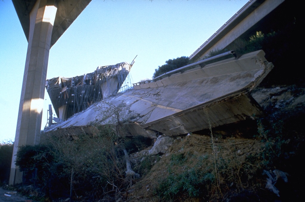 Close-up of a collapsed freeway immediately after the Northridge Earthquake.